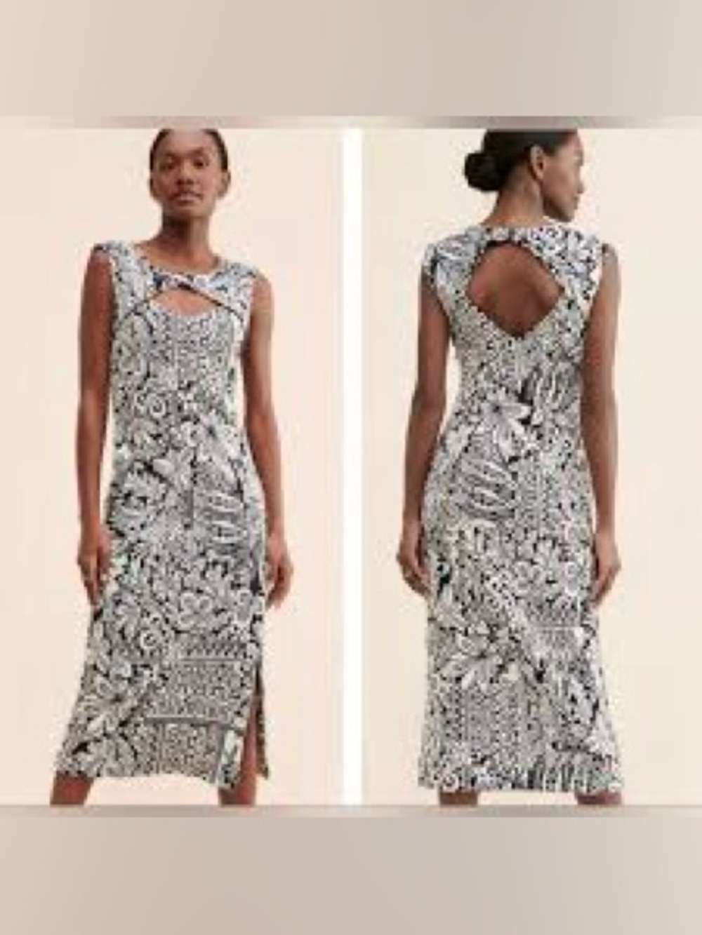 Anthropologie Floral Jacquard Cutout Back Slit Midi Dress S